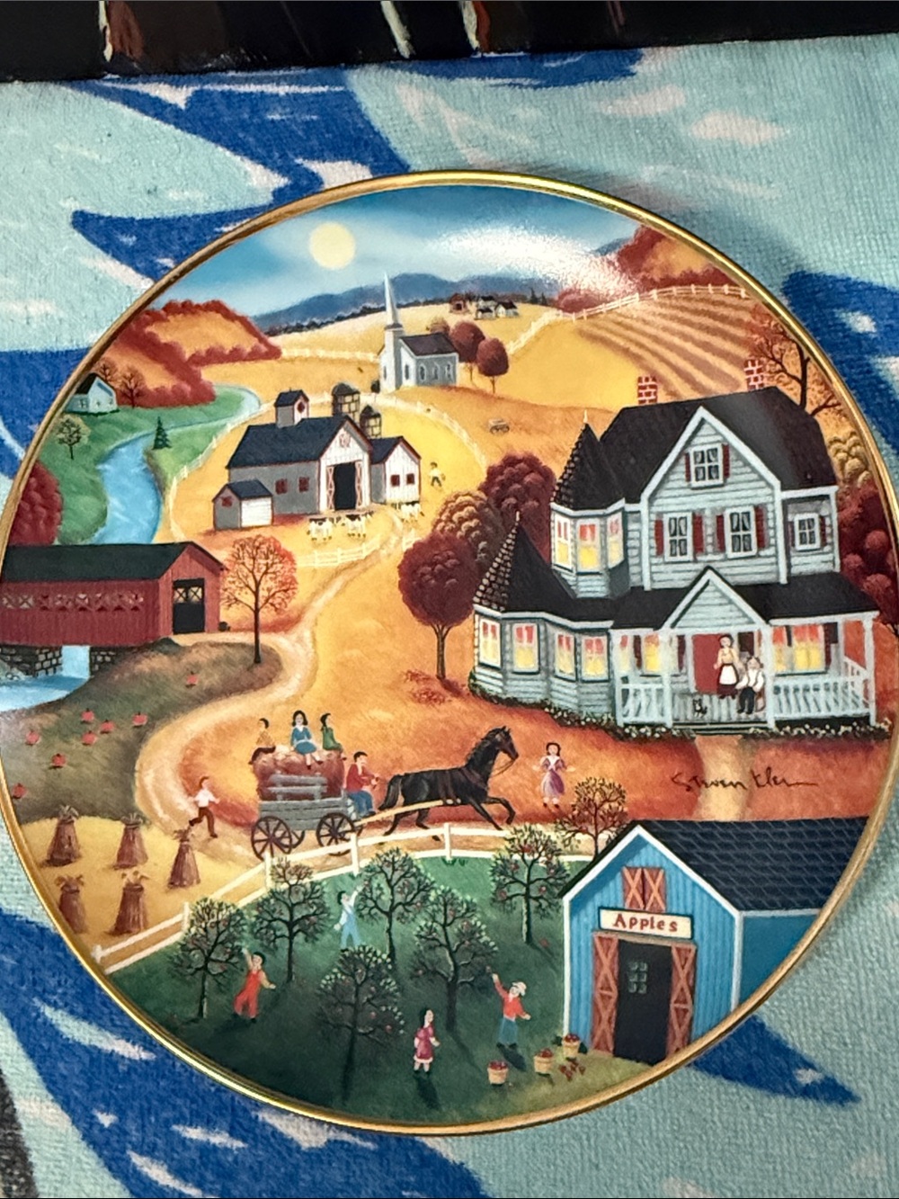 Hand-Painted Country Farm Scene Decorative Plate in Blue and Gold Trim